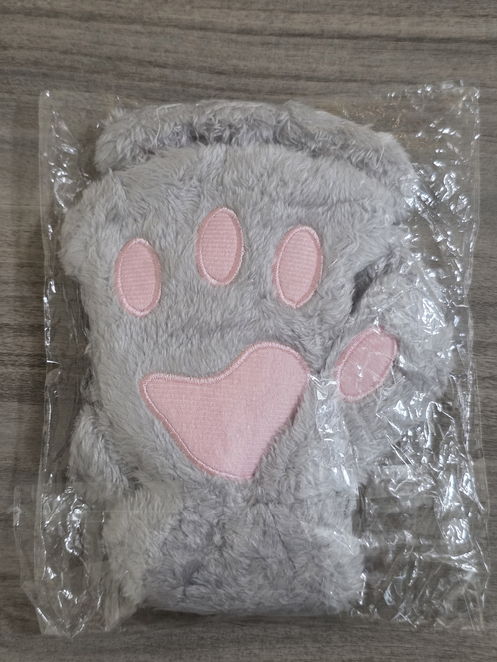 Gray Plush Paw Mittens with Pink Pads